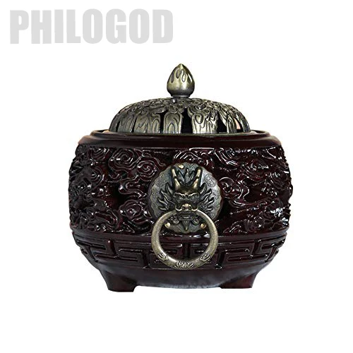 PHILOGOD Rosewood Incense Holders Metal Relief Cover Inecese Sticks Burner/Tray/Censer