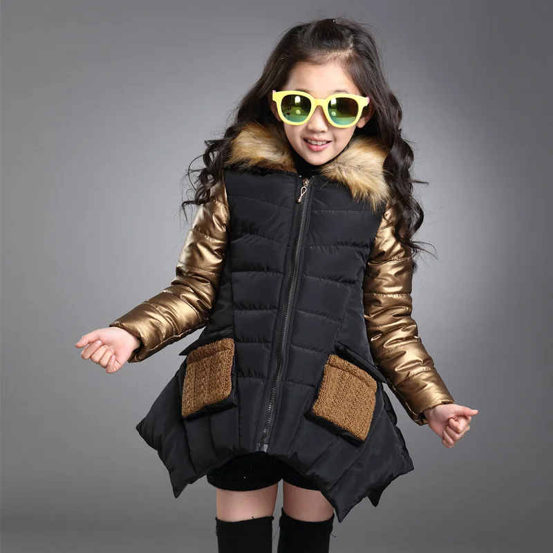 Модное зимнее плотное теплое хлопковое Детское пальто; Верхняя одежда для детей; лоскутные куртки с меховым воротником для маленьких девочек; От 2 до 14 лет