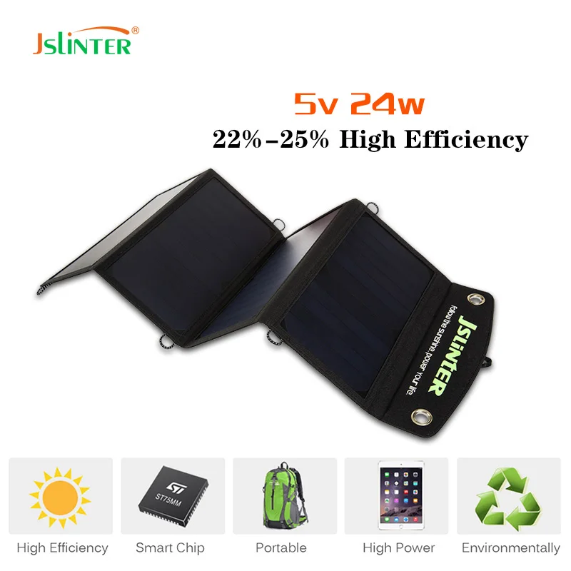 2017 Jslinter 24w 5v Portable Solar Panel Battery Charger Cells Dual Usb Outputs 2 4a Fast