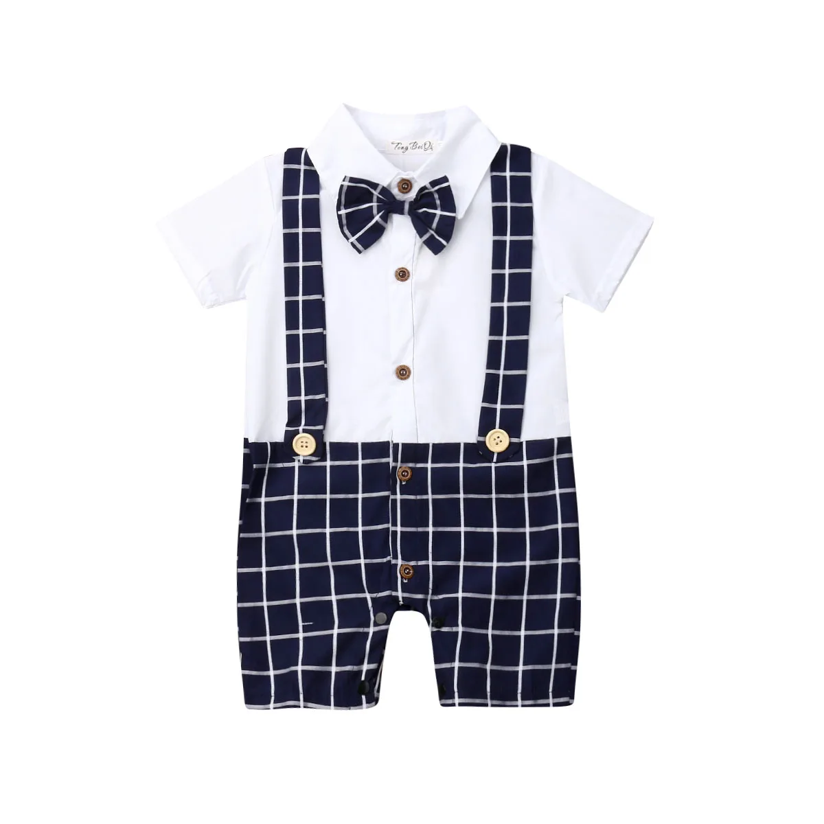 0-24M Newborn Baby Boy Little Gentleman Short Sleeve Bow Tie Patchwork Plaid Romper Jumpsuit Playsuit Summer Clothes |