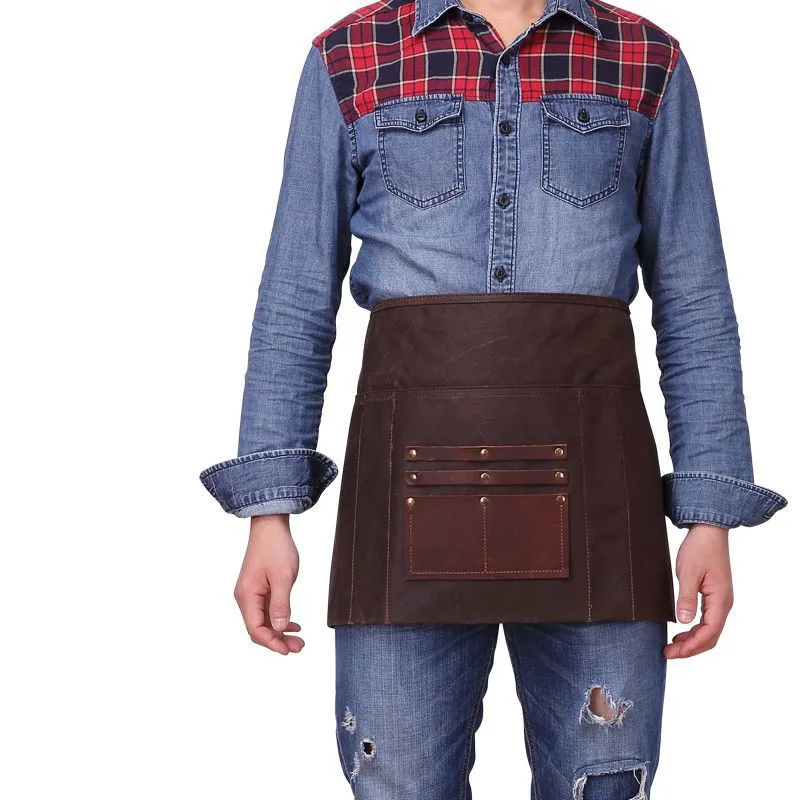

Oil Wax Canvas Waist Apron with Genuine Leather Pocket Vintage Waterproof Kitchen Chef Half Waist Apron Bartender Apron