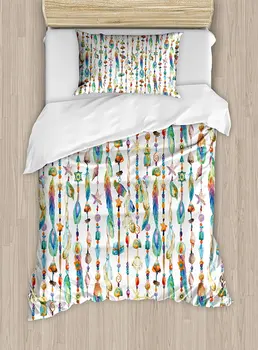 

Duvet Cover Set , Watercolor Style Figures with Sea Shells Nautical Boho Style Chains Pendant Pattern, 4 Piece Bedding Set