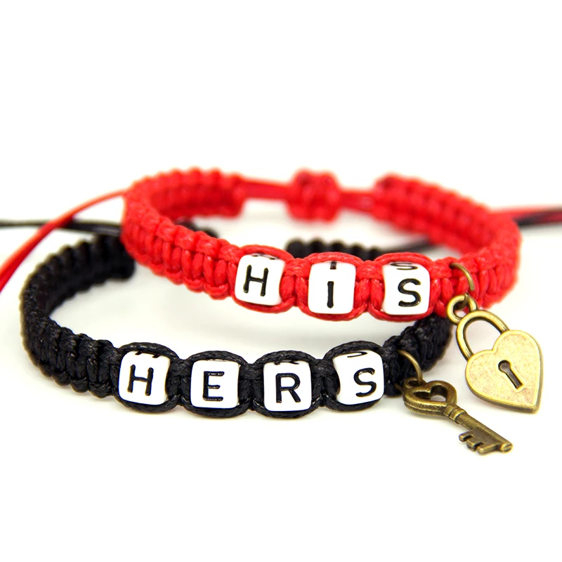 

2pcs/pair Artificial Couple Bracelet Red His And Black Hers With Key Lock Rope Chain Boyfriend Girlfriend Gifts Charm Bracelets