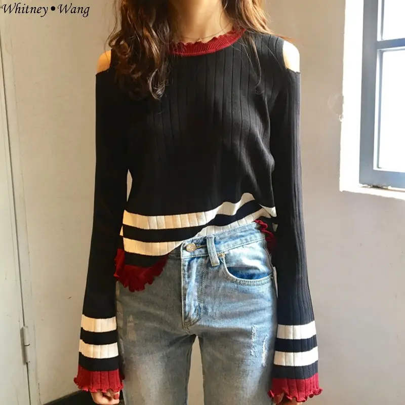 WHITNEY WANG 2018 Autumn Fashion Streetwear Korean Style Hollow out Shoulder Striped Sweater Women jumper pull femme Pullovers | Женская