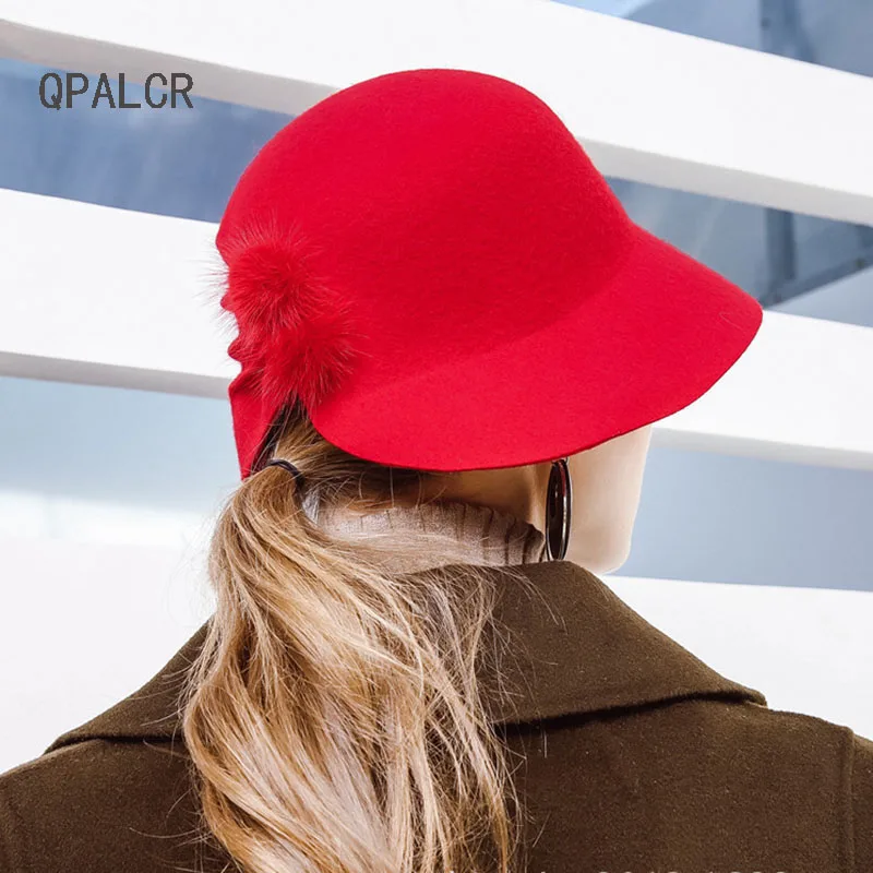 

QPALCR High Quality Wool Fedoras Foldable Wool Felt Hat Womens Hairball Bucket Hats Autumn Winter Keep Warm Caps