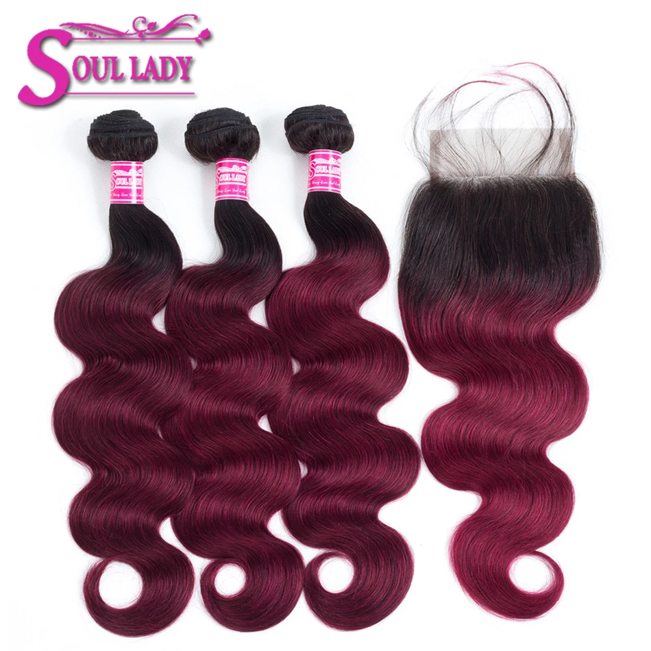 

Colored Bundles with Closure 1b Burgundy Two Tone Color Nonremy Cambodian Body Wave Human Hair Weave Ombre hair Extensions