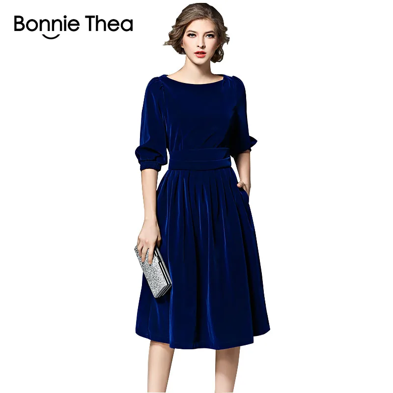 

Bonnie Thea Winter women Velvet dress female Elegant blue/red short Autumn dresses office work party ladies dress women clothes