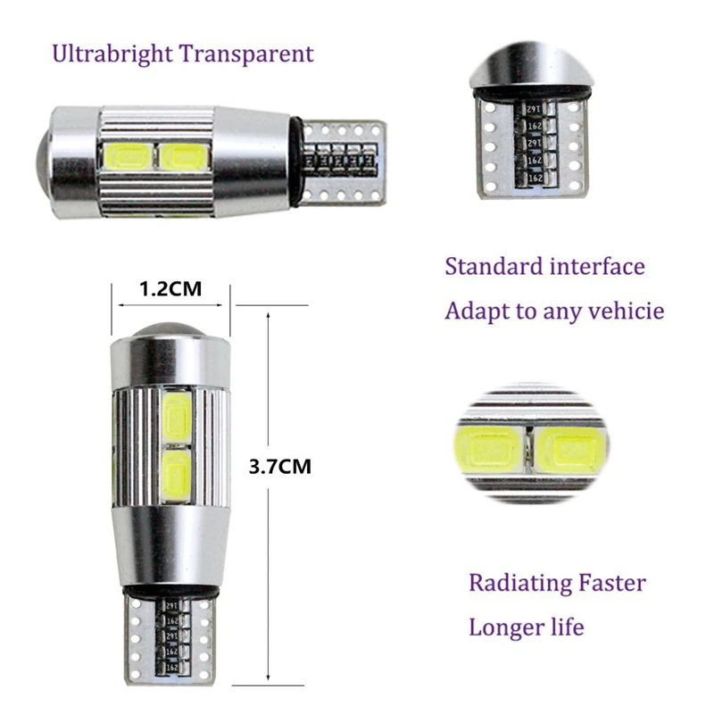 50 шт. 5630 T10 10-SMD Canbus ОШИБОК светодио дный замена лампы для W5W 194 168 2825 автомобилей клина стороны поворотника