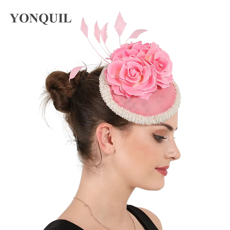 Винтажный элегантный цветок розы очарование вечерние шляпы для ужина с кораллами головные уборы для женщин случай церкви события головной убор