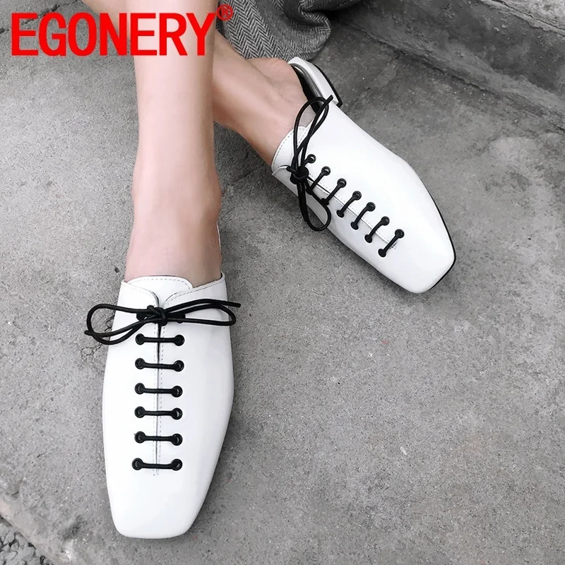 

EGONERY woman shoes 2019 summer new concise casual genuine leather woman slippers outside square toe plus size cross-tied shoes
