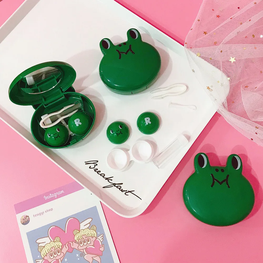 Green Cute Frog Shape Contact Lens Case With Mirror Contact Lenses Box