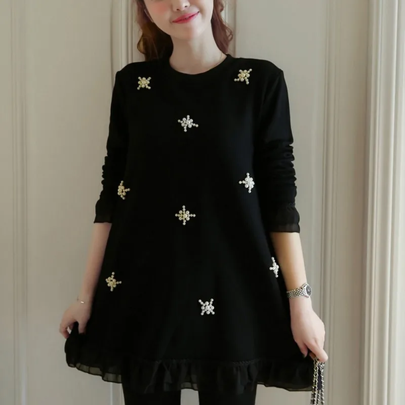 Black Casual Pregnant Dress Elegant Beading Design Maternity Dress Autumn Vestidos Lace Butterfly Sleeve Pregnancy Dresses