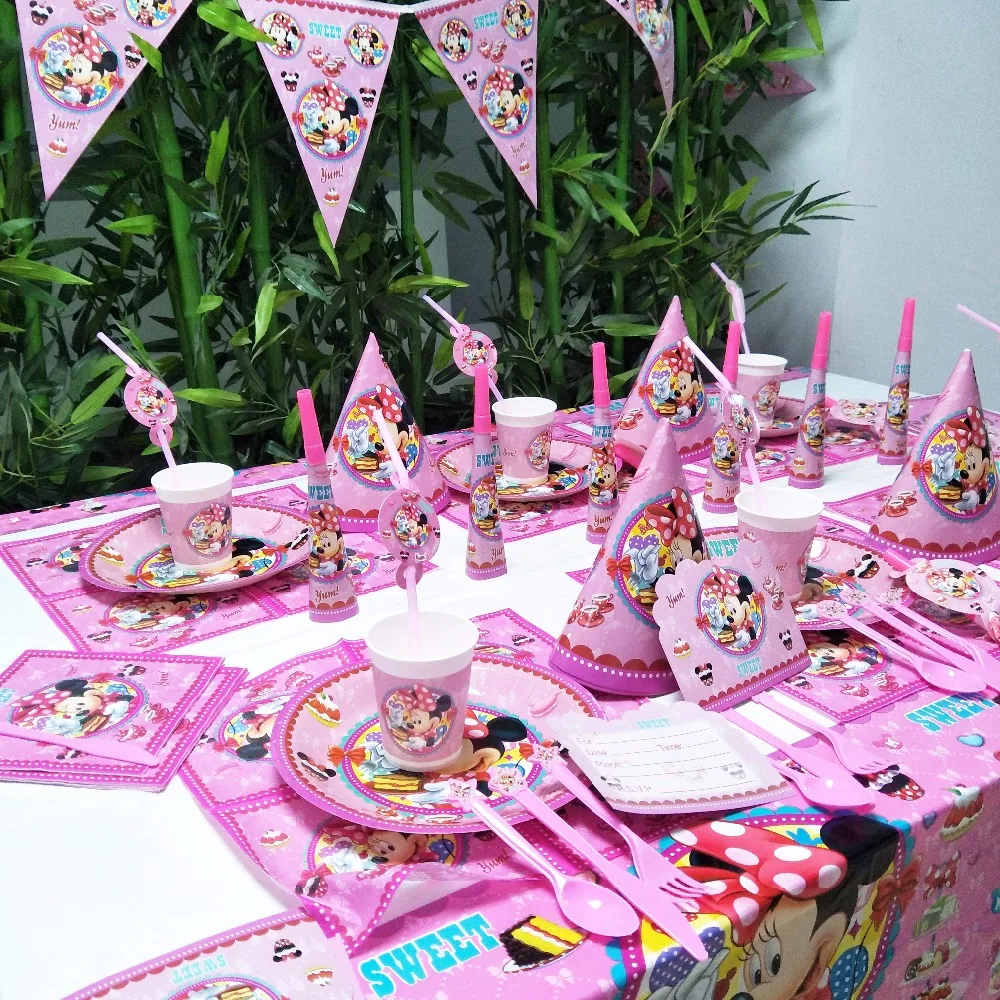 

Minnie Mouse Happy Birthday Party Decorations Supplies Cups Plates Banners Tablecloth Disposable Tableware Anniversaire Favors
