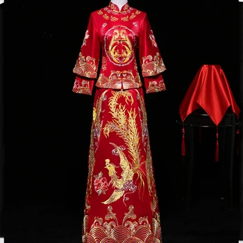 

Chinese Style Women Dress Long Red Cheongsam Ancient Qipao Evening Gown Vintage Vestidos Embroidery Stage Show Clothing