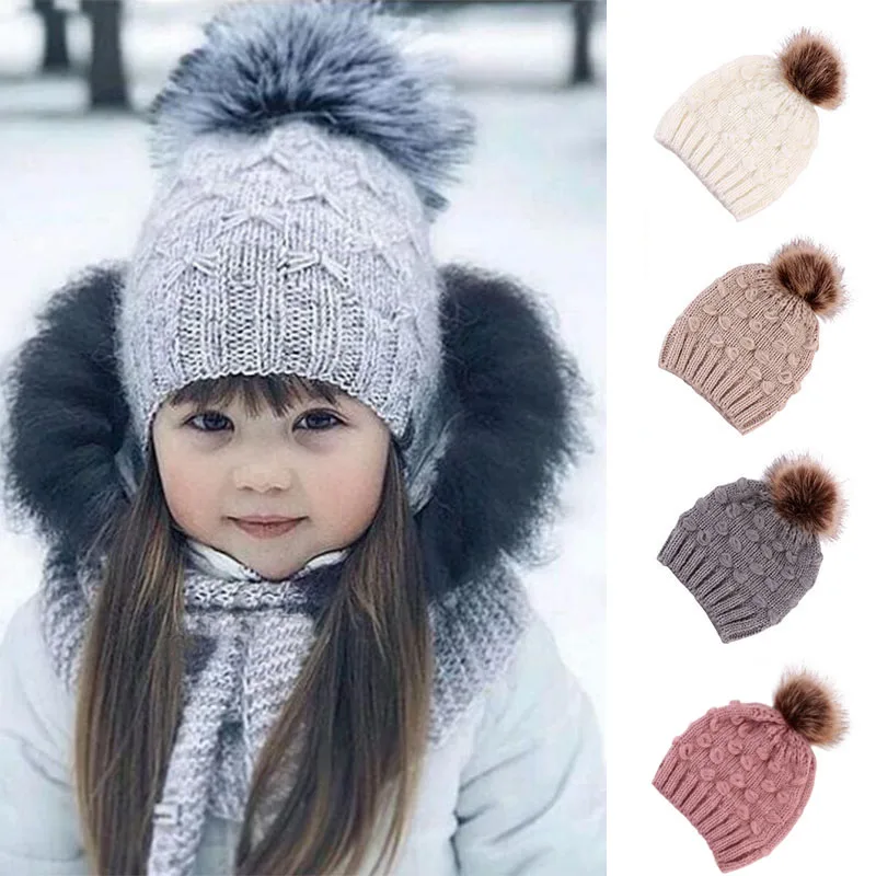 PER Unisex Knitted Hat With Pompom Warm Winter Cap For 6-36 Month Babies-Gray