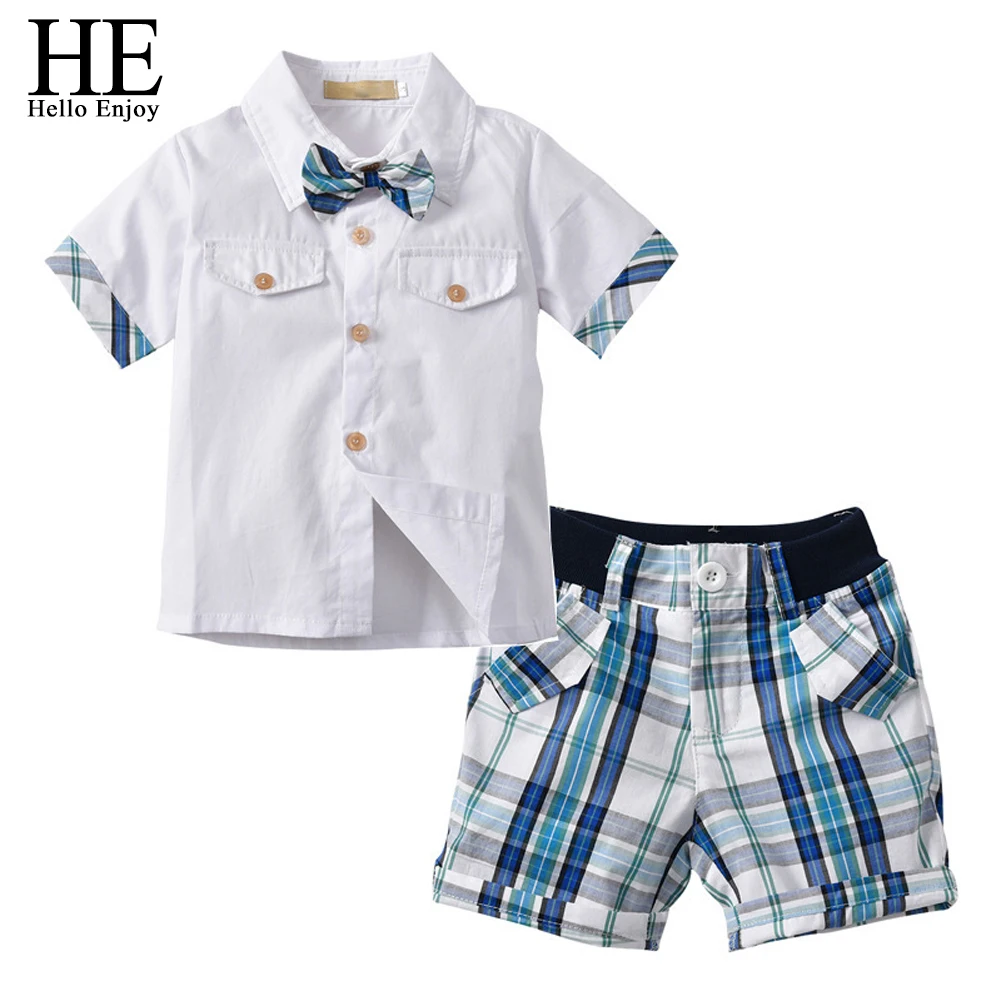 HE Hello Enjoy 2018 Kids Boys Clothes Set Summer Children Clothing Short Sleeves Gentleman Bow Tie Shirts+Plaid Shorts Suits