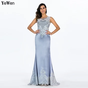 

Blue Satin Prom Dresses Elegant Vestido de fiesta Tulle Backless Sleeveless Printing Evening dresses long 2020 Plus size YM20023