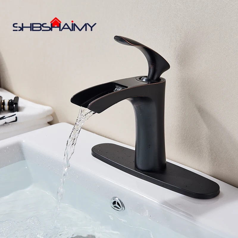

Oil Rubbed Bronze Single Handle Waterfall Bathroom Basin Faucet Deck Mounted Single Handle Mixer Tap with Cover Plate
