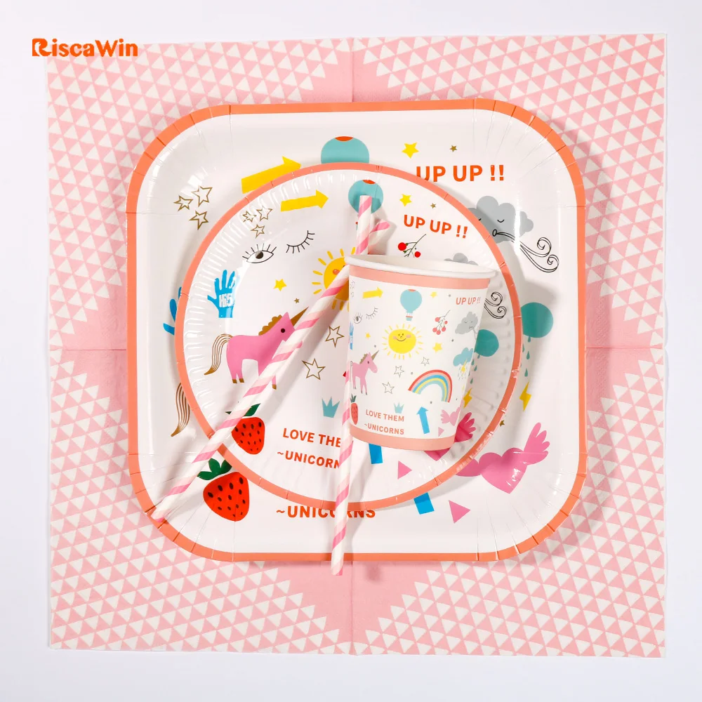 

RiscaWin 10pcs Unicorn Party Plates Birthday Wedding Party Supplies Paper Straws Hangers Disposable Cake Dish Baby Shower Favors