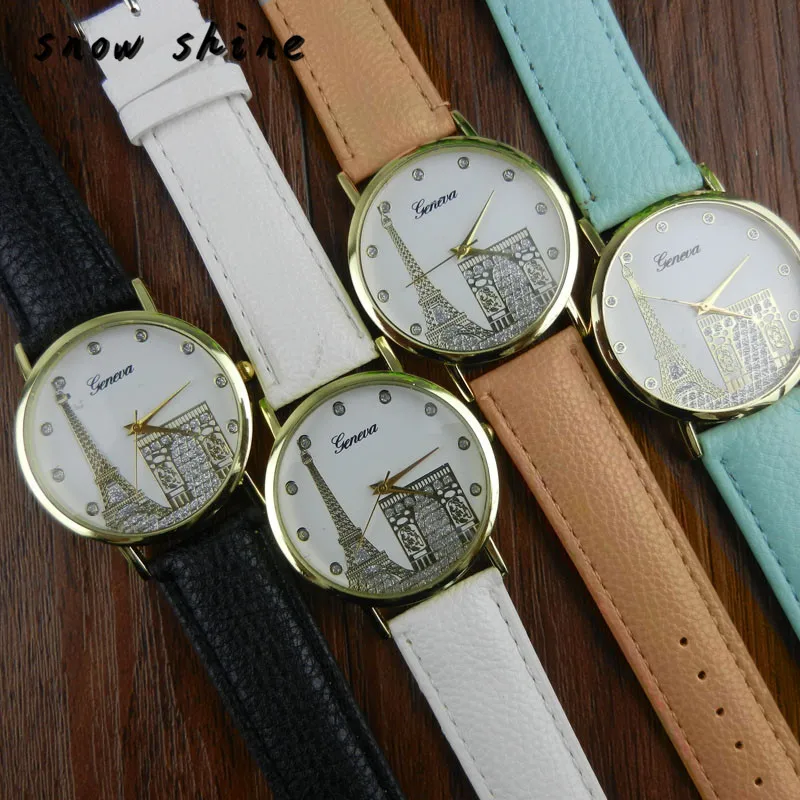 snowshine 3001 Women Eiffel Tower Printing Pattern Weaved Leather Quartz Dial font b Watch b font