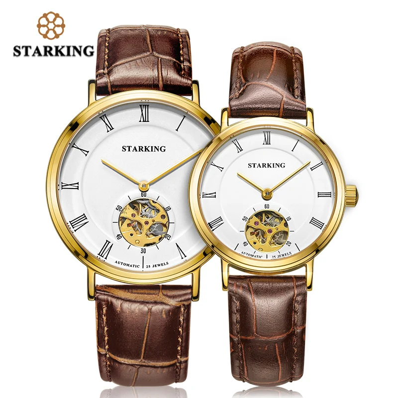 

STARKING Men Women Watches Set Mechanical Watch lovers Watches Genuine Leather Wristwatches Fashion Casual Watch Clock