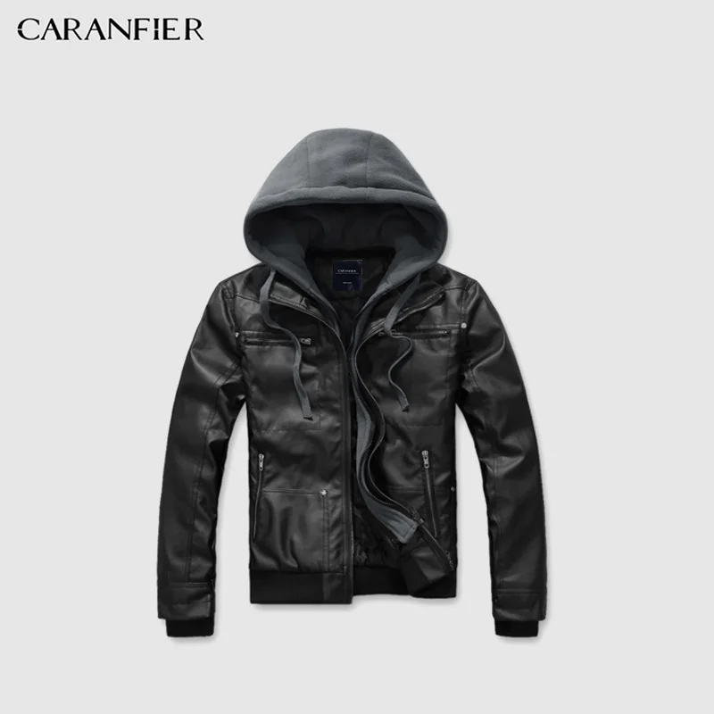 

CARANFIER Mens Leather Jackets Winter Warm Coats Male Turn-down Collar Hooded Faux Outerwear Motorcycle Biker Jacket Windproof