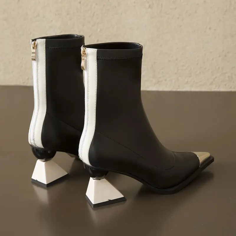 ALLBITEFO/женские ботинки из натуральной кожи на высоком каблуке с металлическим носком и эластичным материалом высококачественные ботильоны для женщин и девочек