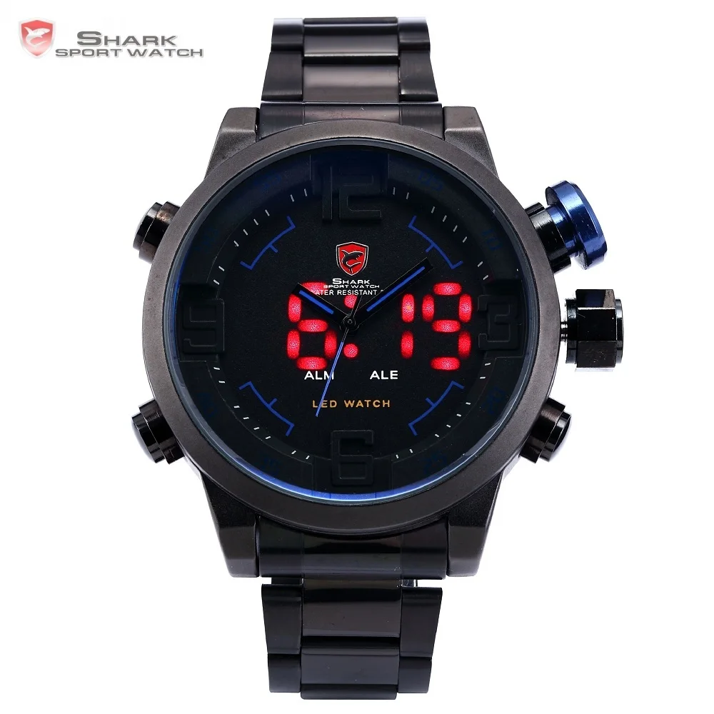 

SHARK Dual Time Digital LED Stainless Full Steel Army Black Blue Date Day Alarm Sport Quartz Military Men's Casual Watch / SH106