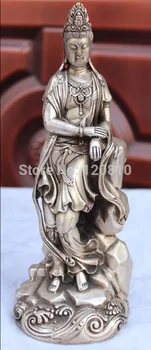 

10" Chinese Buddhism Silver Standing Kwan-Yin GuanYin Buddha Goddess Statue