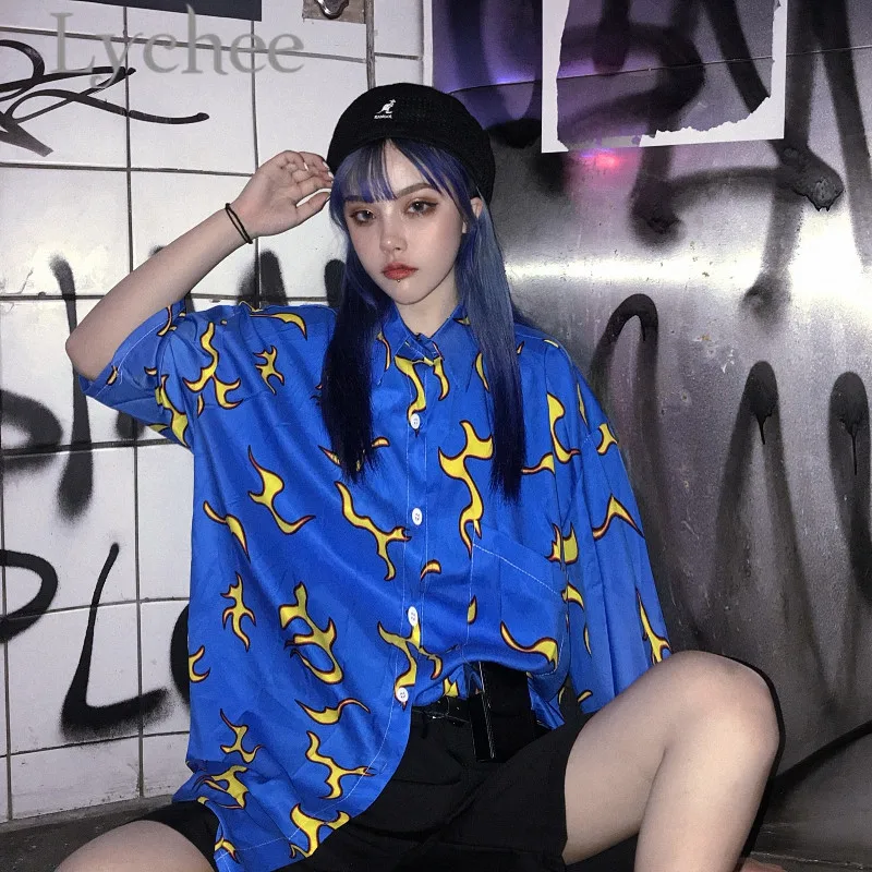 Lychee Harajuku молния граффити Синяя Женская блузка короткий рукав хит цвет отложной воротник женская весна лето рубашка
