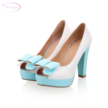 

Chainingyee sweet dating style sexy peep toe pumps bowtie color matching platform high heels women's shoes big size 21.5~26.5cm