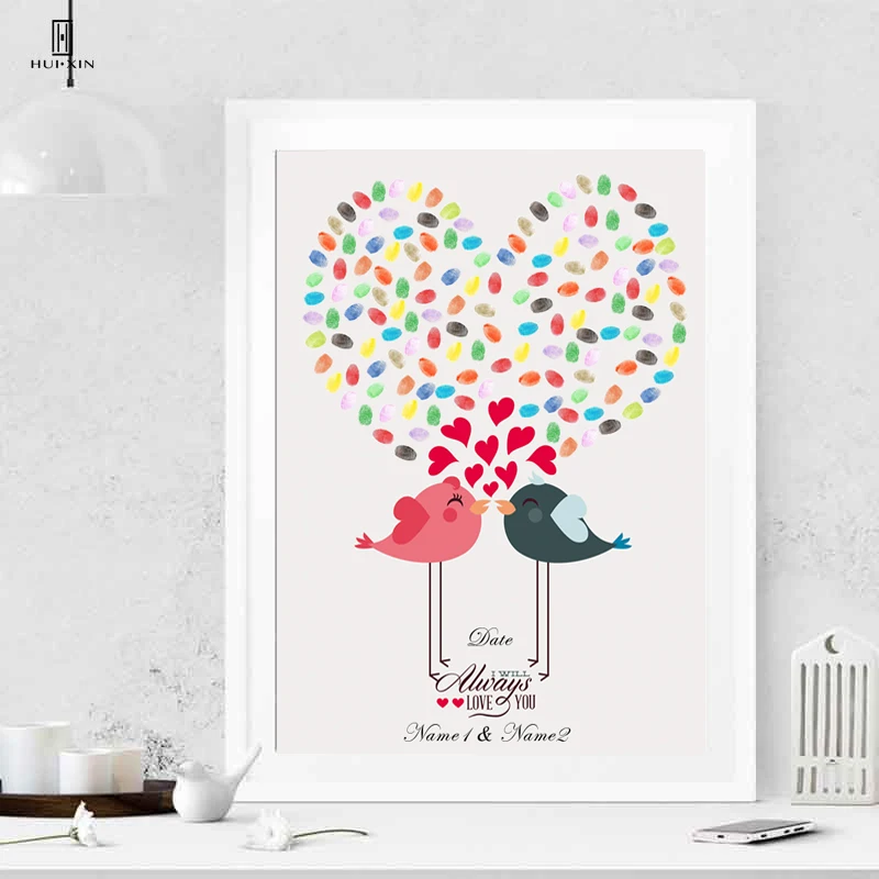 

Personalize Wedding Souvenirs Guest Book DIY Fingerprint A Pair Of Lovebirds Signature Painting For Wedding&engagement party