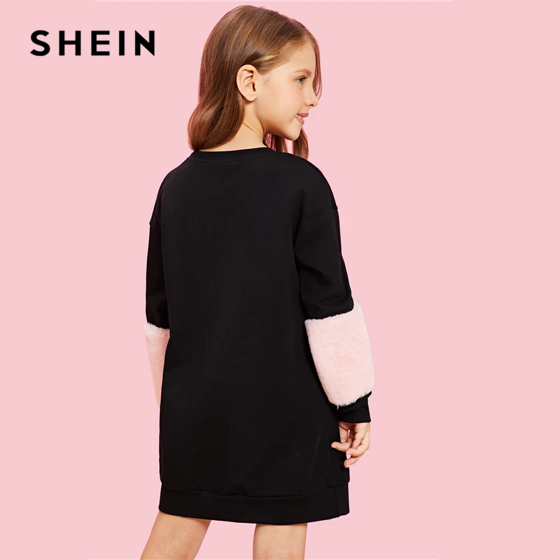 SHEIN/черный свитер с искусственным мехом для девочек; Повседневное платье; Детские платья; коллекция года; сезон весна; корейское платье с длинными рукавами и цветными блоками для девочек