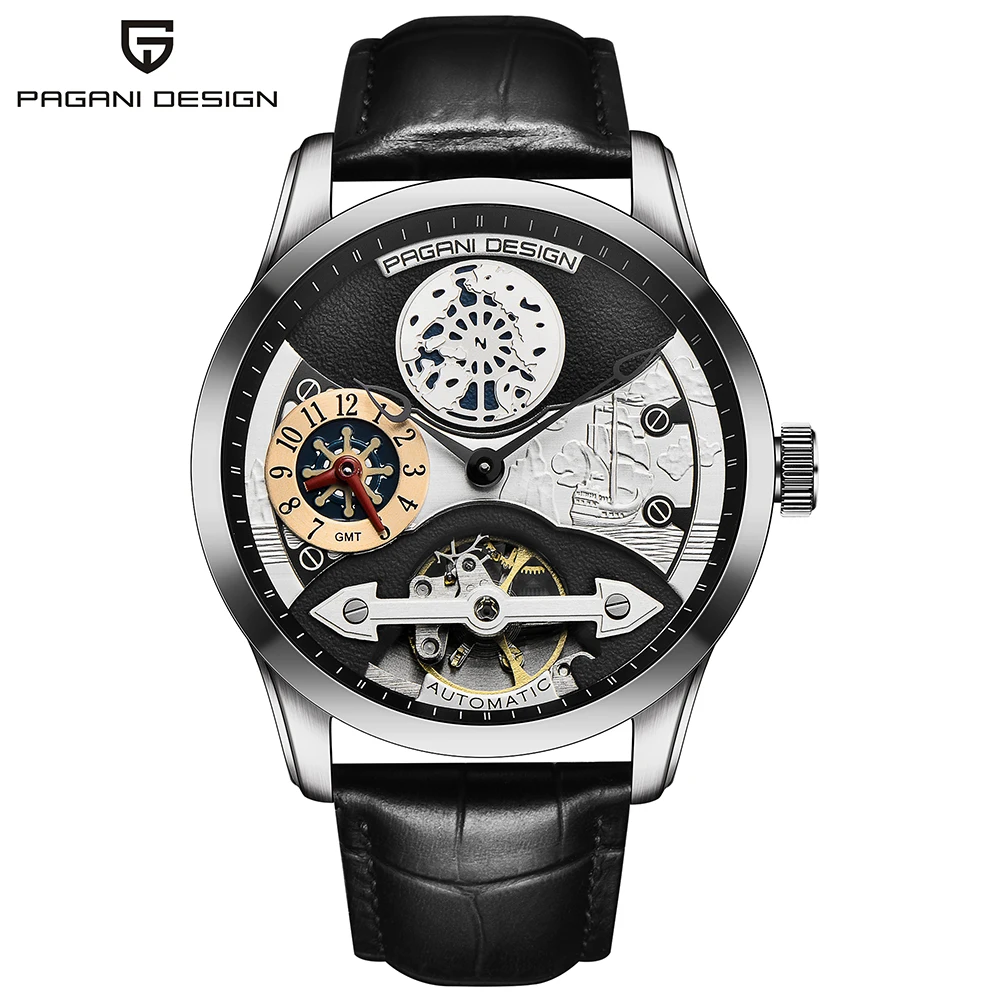 Новые модные часы PAGANI с кожаным турбийоном, роскошные брендовые автоматические мужские часы, мужские механические стальные часы, мужские часы - Цвет: black silver black B