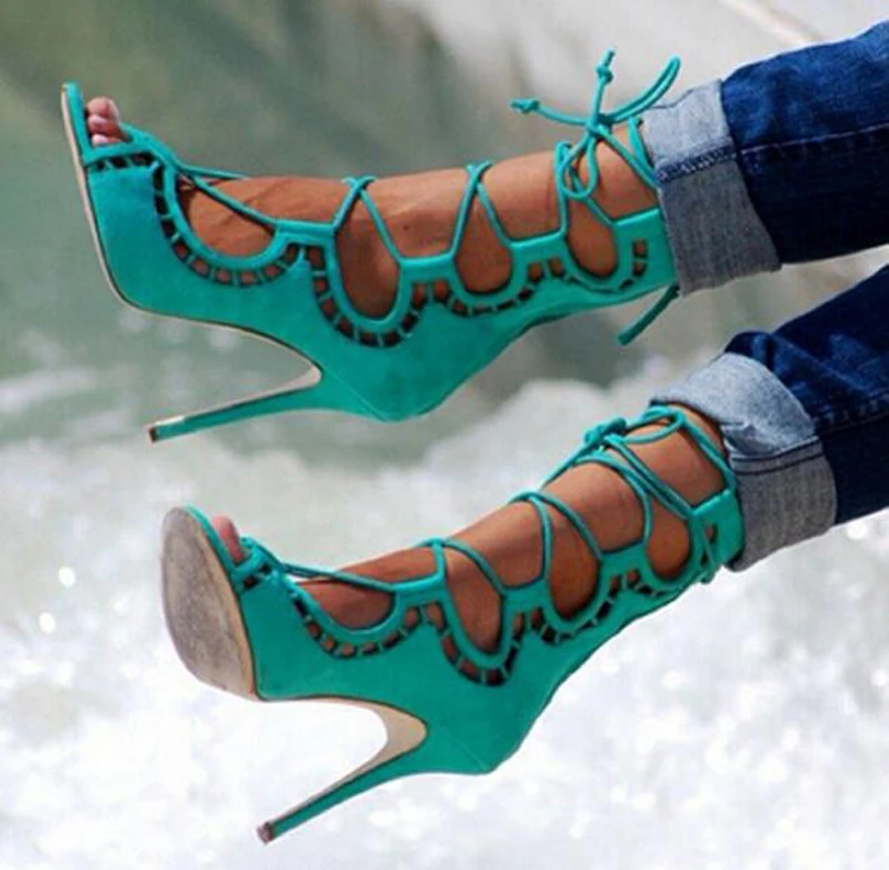 

New Arrival Women Ankle Strap Lace-up High Heels Boots Hollow Out Open Toe Gladiator Sandals Four Colors Summer Women Shoes