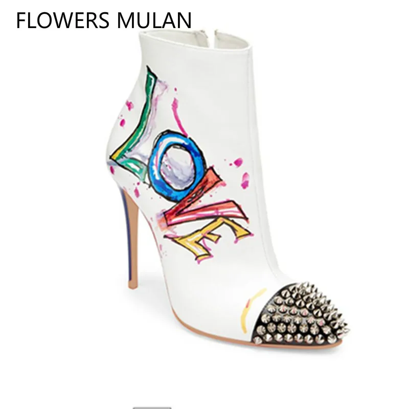 

New Spiked Rivets Ankle Boots Spring Autumn Women Graffiti Love Fashion Shoes For Womens Stiletto High Heels Women Boots