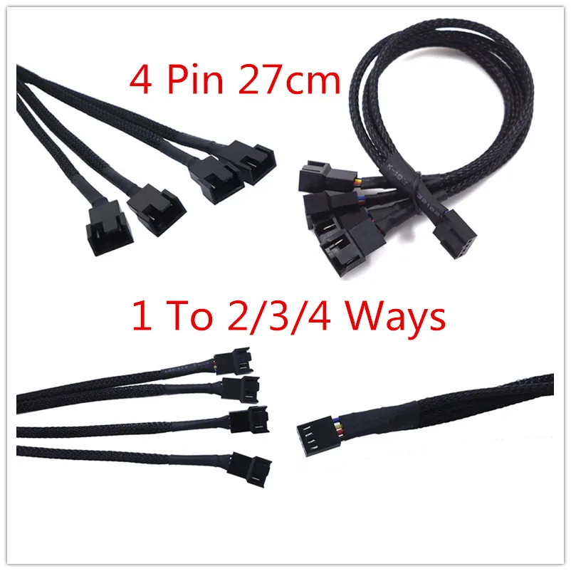 

1 To 2/3/4 Ways Splitter Black Sleeved Extension Cable Connector 4Pin PWM Extension Cables 4 Pin Pwm Fan Cable 27cm