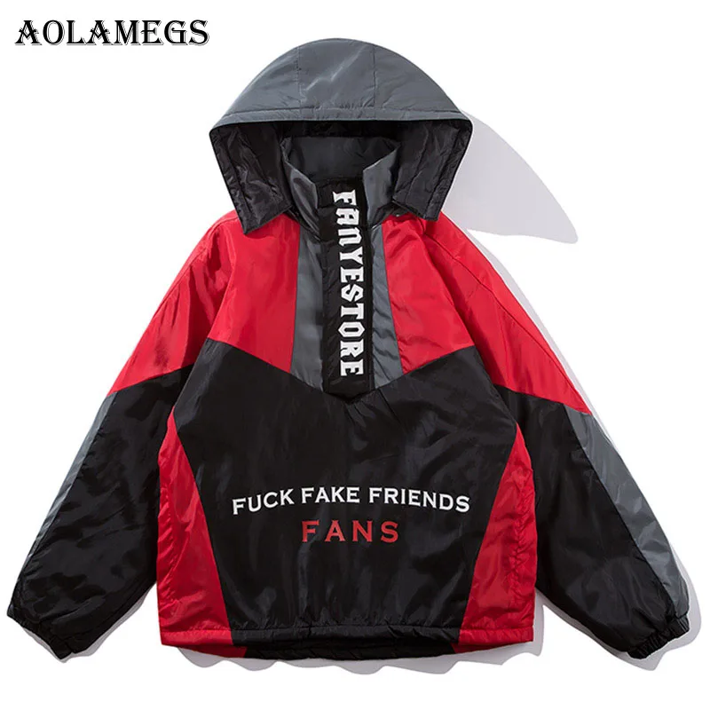 

Aolamegs Jackets Men Letter Patchwork Thick Jacket Tracksuit Coats Hip Hop Stand Hat Detachable Male Windbreaker Streetwear