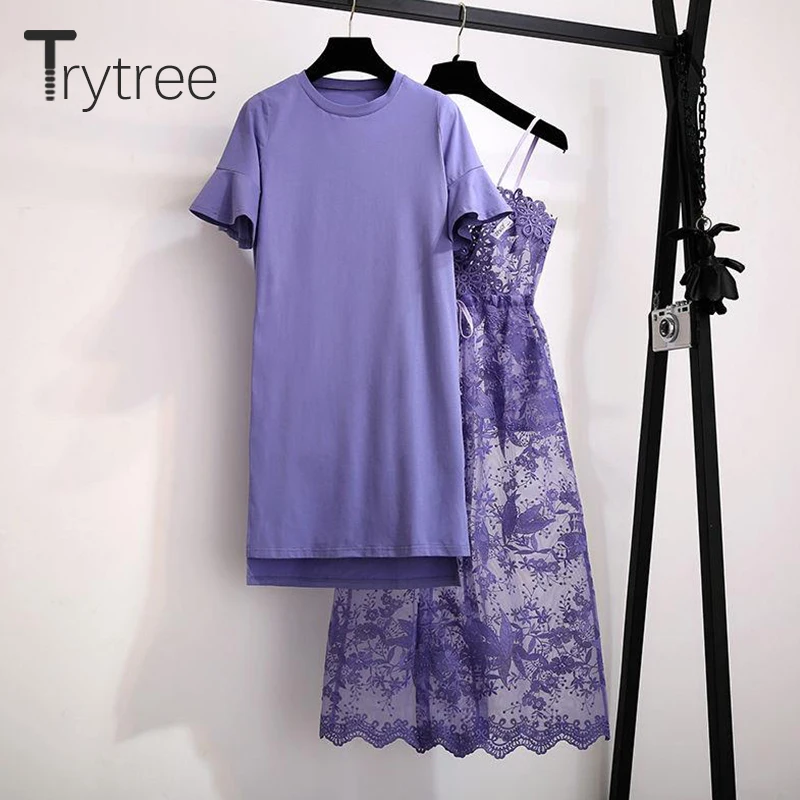 Trytree 2019 الصيف المرأة اثنين من قطعة مجموعة الأرجواني عارضة مضيئة كم س الرقبة طويلة أعلى + اللباس الرباط الدانتيل دعوى مجموعة 2 قطعة مجموعة