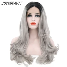 JOY& BEAUTY 26 дюймов Ombre серый 2 тона синтетический парик на кружеве темные корни длинные естественные волны серебристо-серый Замена Полный парик