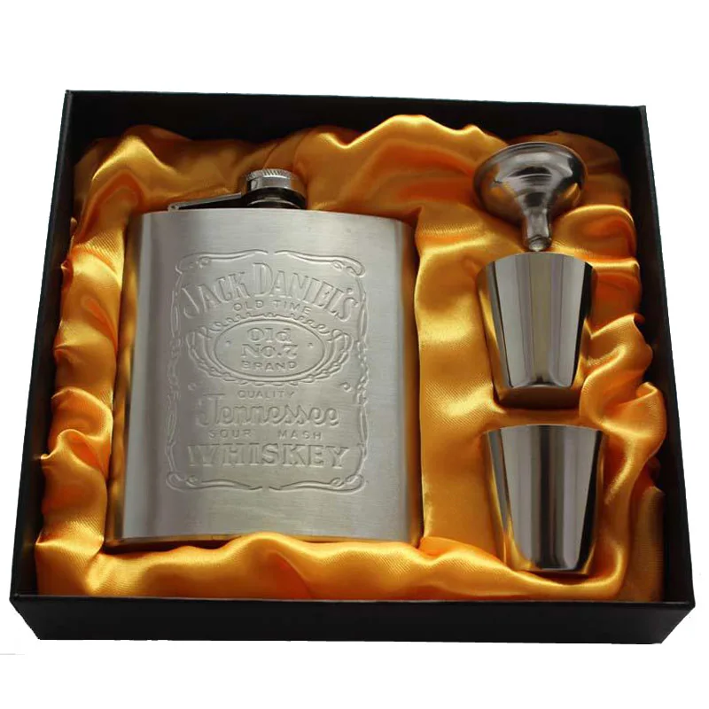 New portable stainless steel hip metal flask sets brand gift travel whiskey alcohol liquor flagon golden