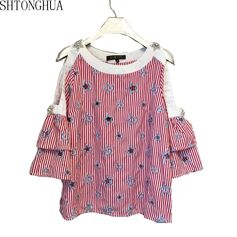 

SHTONGHUA 2019 Summer Flare Sleeve diamond Tops for Women Tops Blusa Star Hollow Out Sweet Flower Sexy Shirt Harajuku