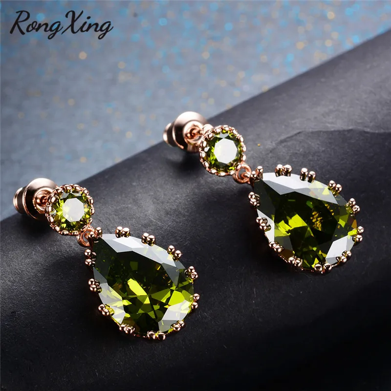

RongXing Vintage Fashion Rose Gold Filled Olive Green Zircon Drop Earrings for Women August Birthstone Dangle Earrings Ear0054