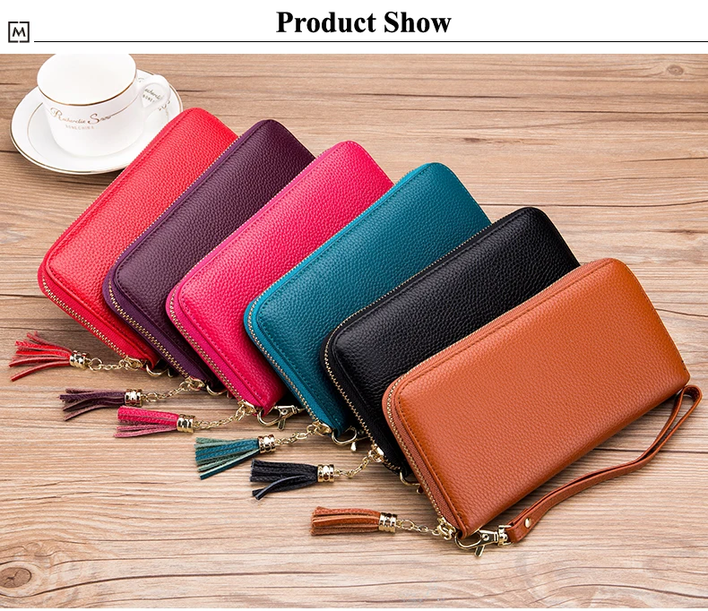 Lomelobo Unisex Tassel Long Wallet Genuine Leather Women Men Litchi Cowhide Leather portomonee Boy Girl Credit Card Holder Purse HPLA218 Details (10)