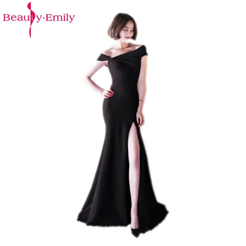 Beauty Emily Sexy Black Mermaid Evening Dresses 2017 Boat-Neck Elastic Satin Women Formal Party Prom Dresses Long Evening Gowns