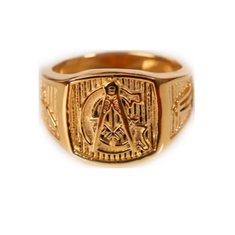 

Gold Tone Freemason Men's Ring Free Mason 316L Stainless Steel Masonic Ring Size 7-14