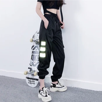 

Autumn Reflective Unisex Cargo Pants High Waist Women's Sports Pants Loose Harajuku BF Streetwear Pants