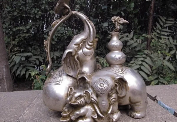 

USPS to USA S0826 10 Chinese Folk White Copper Silver Lucky Three Elephant God Play Ru Yi Statue B0401