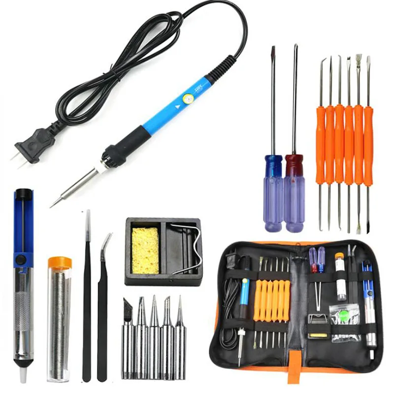 60W EU/US Multifunctional Electric Soldering Iron Kit Screwdriver Desoldering Pump Tip Wire Pliers+Tool Bag 19PCS/Set