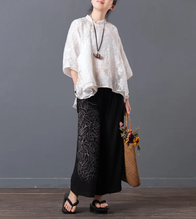 LZJN Original Women Floral Blouse Summer Tops Traditional Chinese Cheongsam Top Qipao White 4 Colors Lace Shirt with 34 Sleeve  (24)